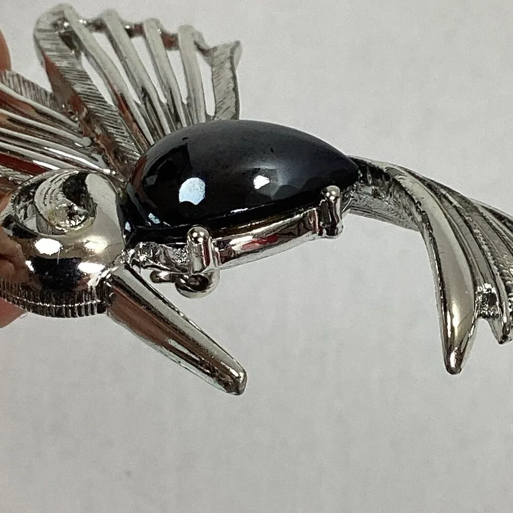 Vtg Judy Lee Hummingbird Brooch Silver Tone Black Polished Stone Bird Pin Signed